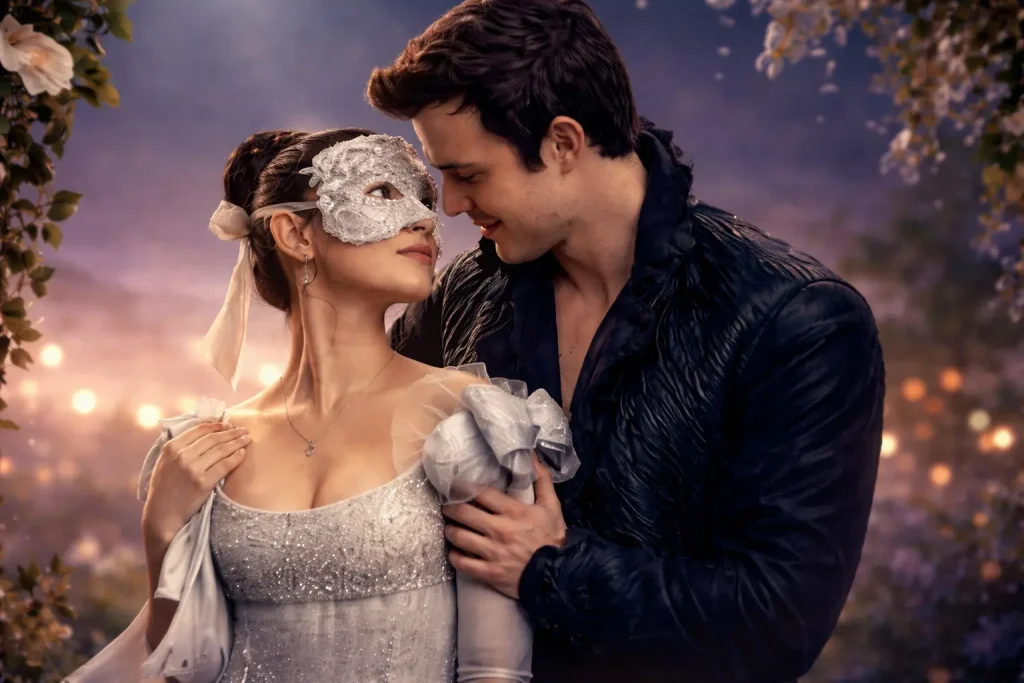 Romantic Regency-inspired image of Benedict and Sophie at a masquerade ball, gazing at each other under soft, dreamy twilight lights.