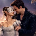 Romantic Regency-inspired image of Benedict and Sophie at a masquerade ball, gazing at each other under soft, dreamy twilight lights.
