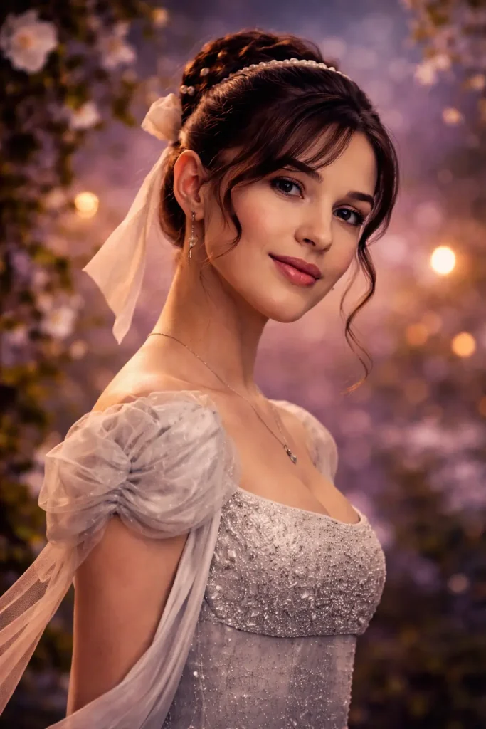 Dreamy close-up portrait of Sophie Beckett in a silver Regency gown, softly lit against a romantic garden background with warm glowing lights.